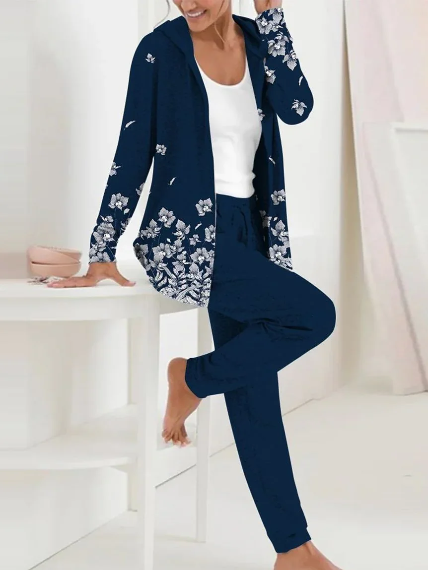 Women Floral Hoodie Long Sleeve Comfy Casual Coat With Pants Two-Piece Set