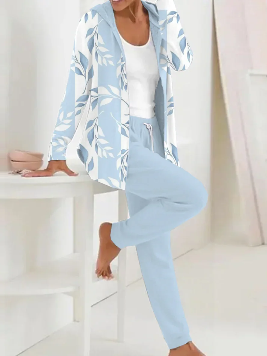 Women Floral Hoodie Long Sleeve Comfy Casual Coat With Pants Two-Piece Set