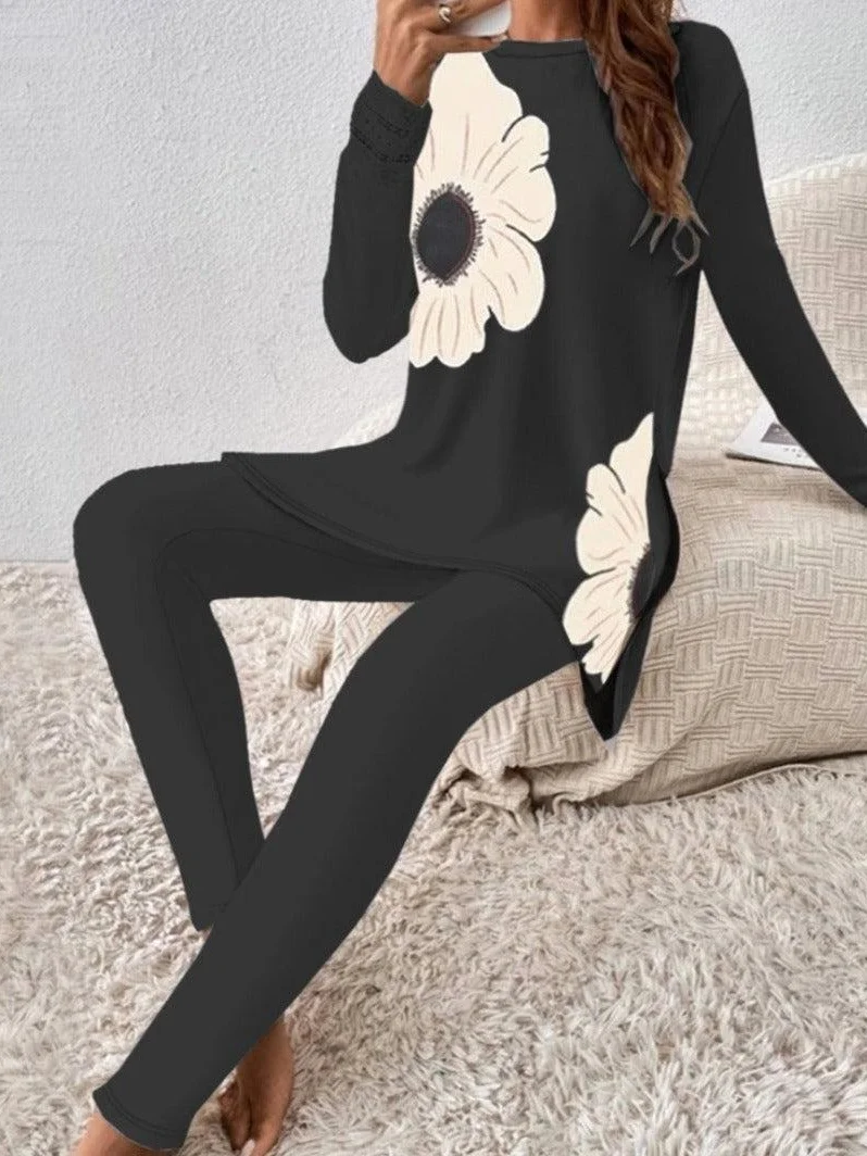 Women Floral Crew Neck Long Sleeve Comfy Casual Top With Pants Two-Piece Set