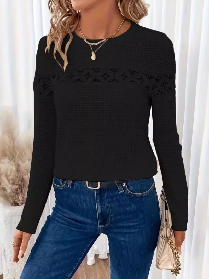 Crew Neck Long Sleeve Plain Lace Regular Micro-Elasticity Loose Blouse For Women