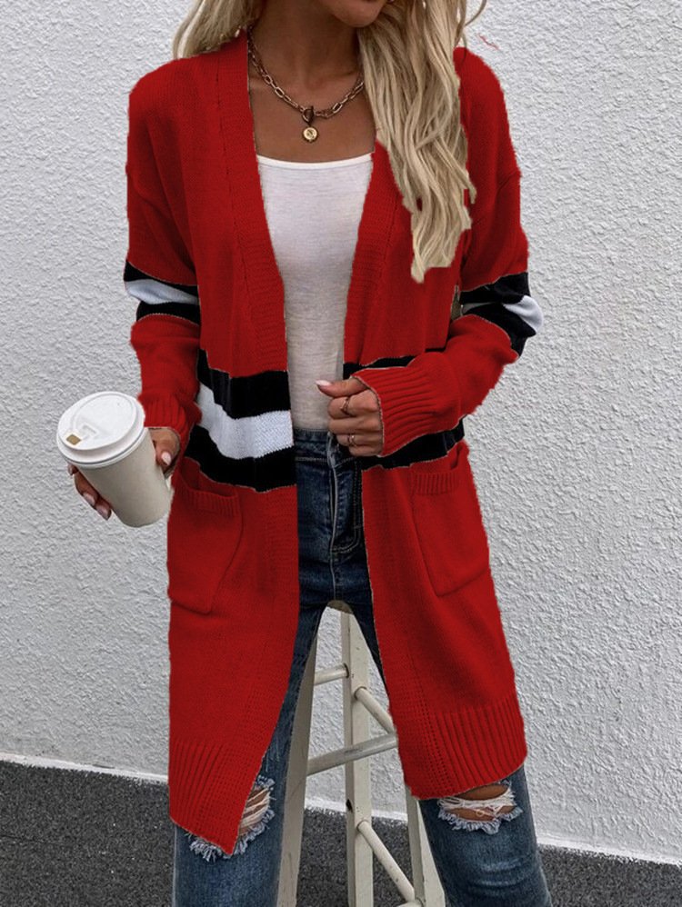 Women Wool/Knitting Striped Long Sleeve Comfy Casual Cardigan