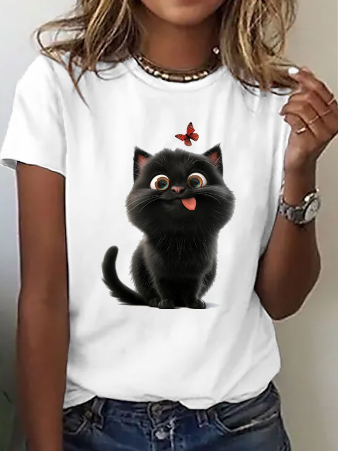 Casual Cat Crew Neck Short Sleeve T-shirt