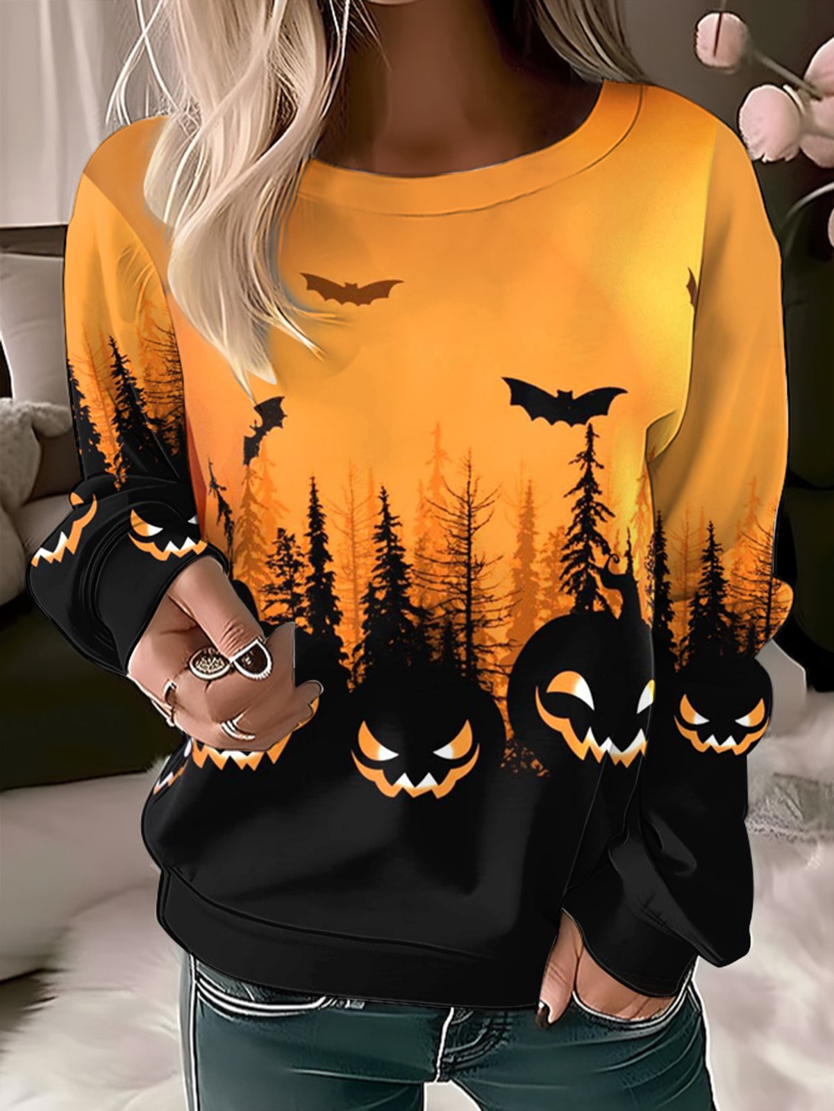 Casual Crew Neck Halloween Sweatshirt