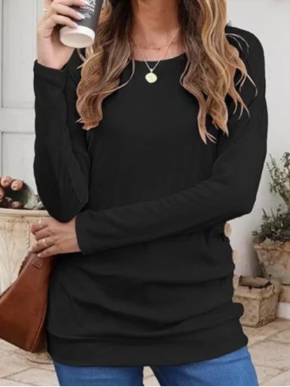 Crew Neck Long Sleeve Plain Regular Micro-Elasticity Loose Blouse For Women