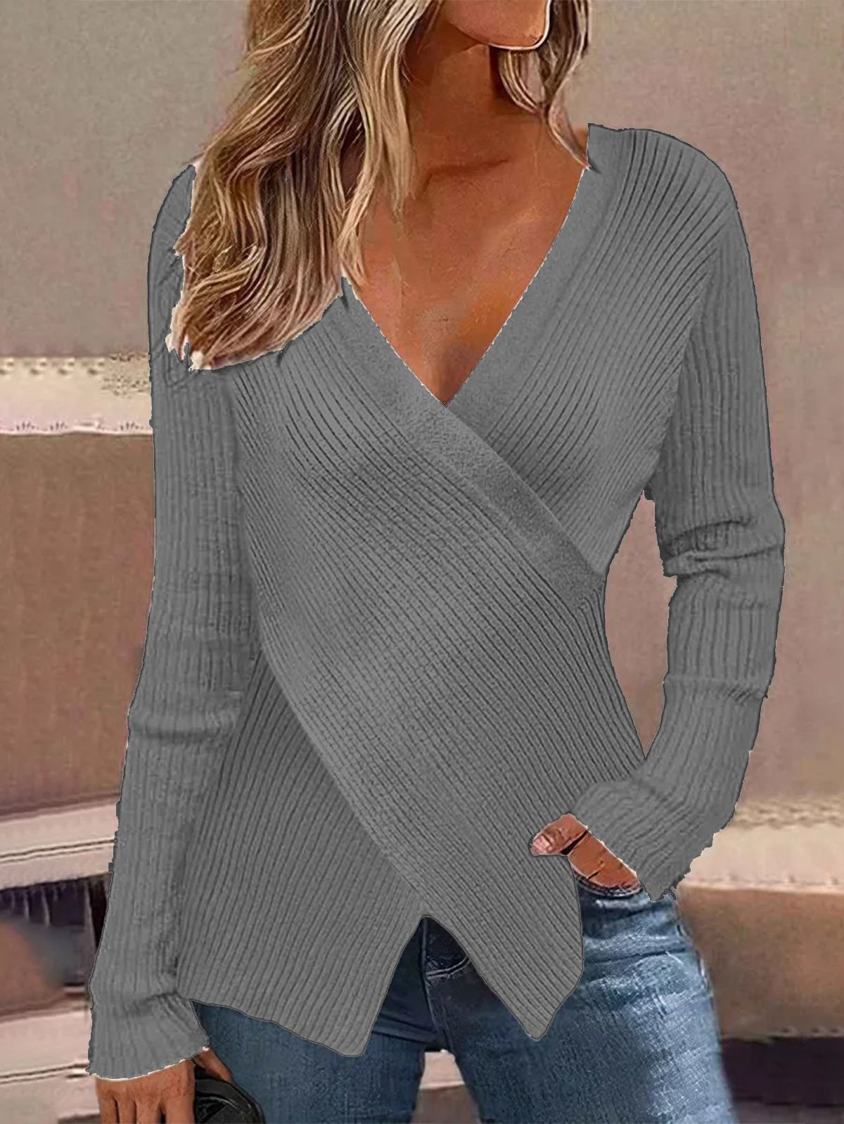 Women Yarn/Wool Yarn Plain Long Sleeve Comfy Casual Cross Sweater