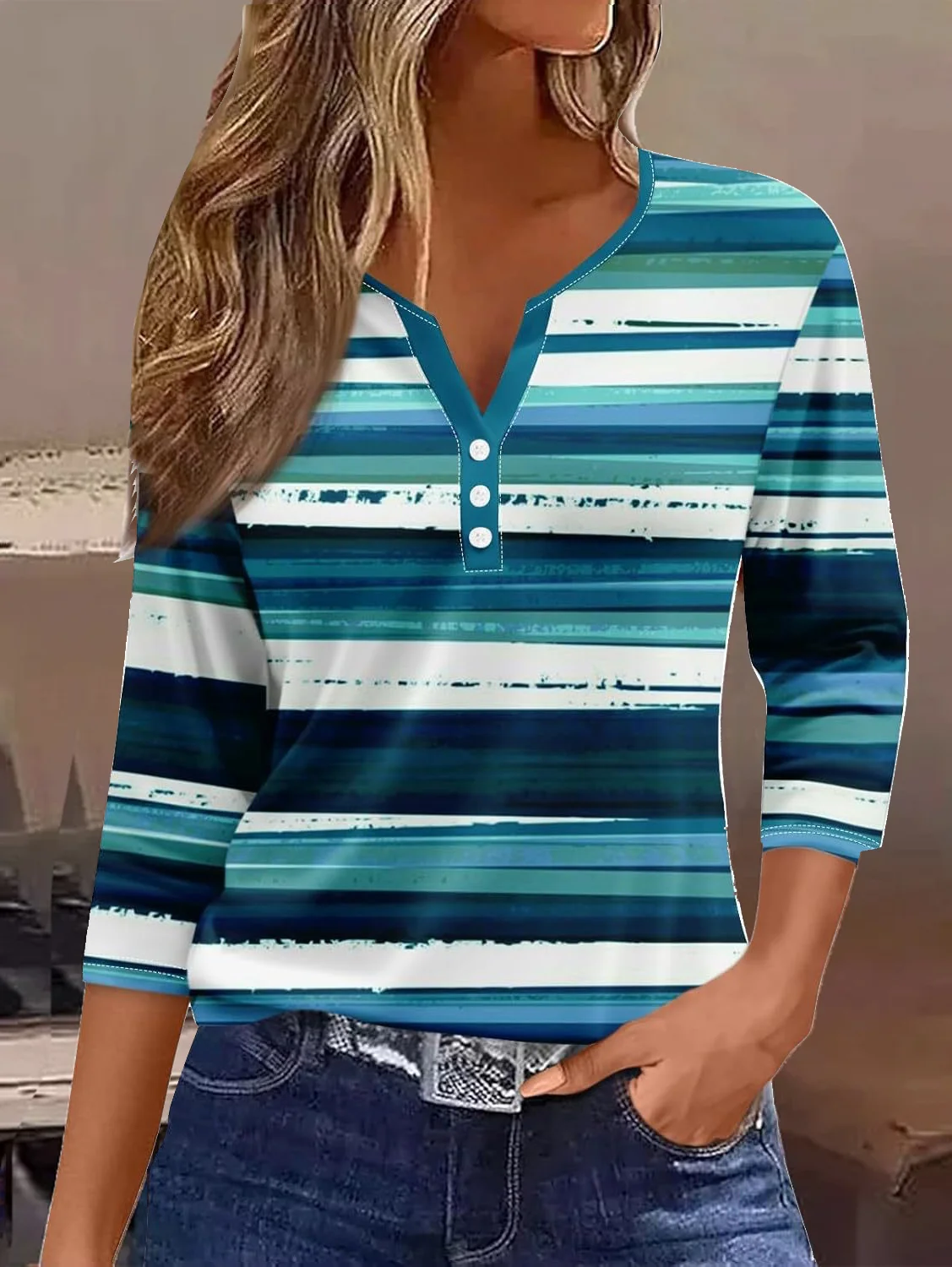 Casual Striped Notched Three Quarter Sleeve T-shirt