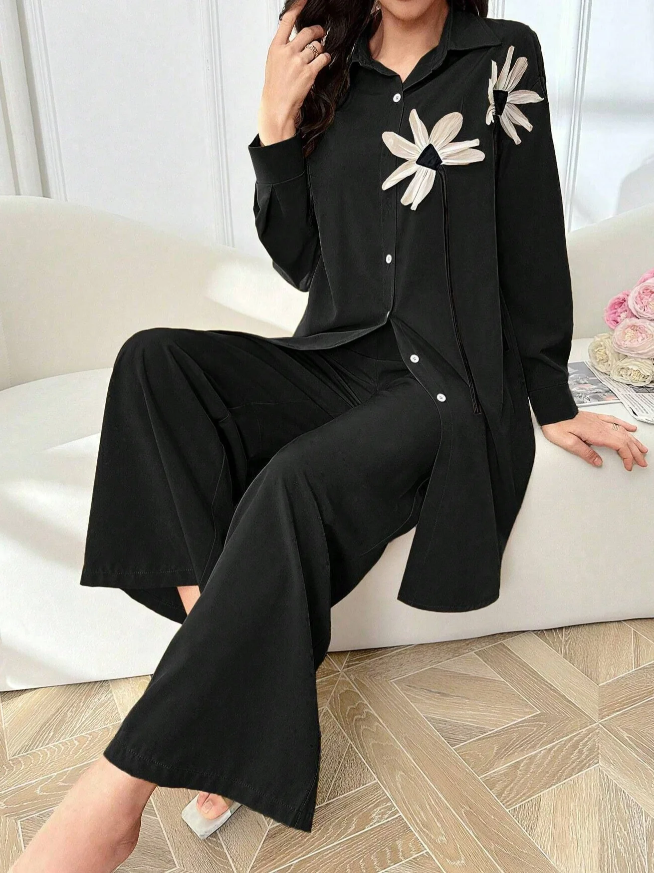 Women Plain Shirt Collar Long Sleeve Comfy Casual Applique Top With Pants Two-Piece Set