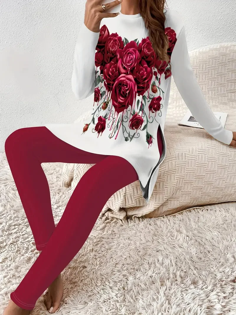 Women Floral Crew Neck Long Sleeve Comfy Casual Top With Pants Two-Piece Set