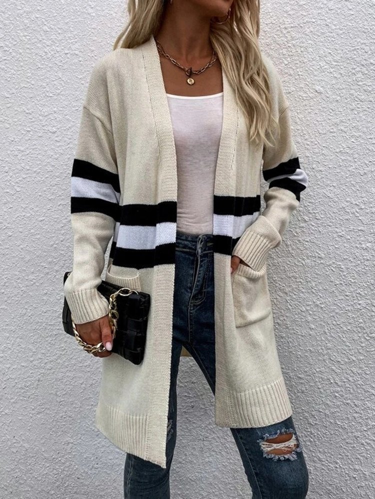 Women Wool/Knitting Striped Long Sleeve Comfy Casual Cardigan