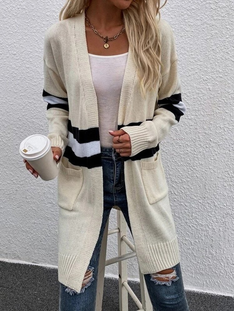 Women Wool/Knitting Striped Long Sleeve Comfy Casual Cardigan