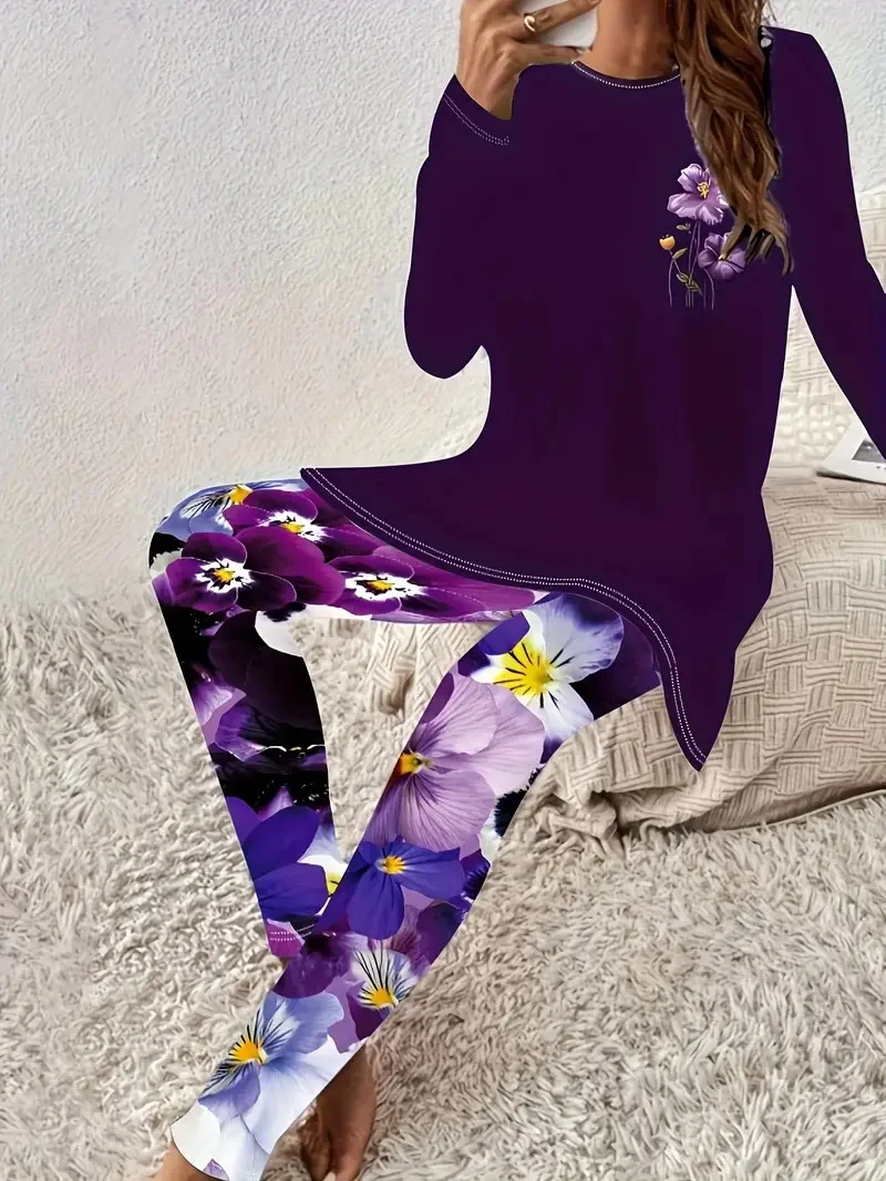 Women Floral Crew Neck Long Sleeve Comfy Casual Top With Pants Two-Piece Set