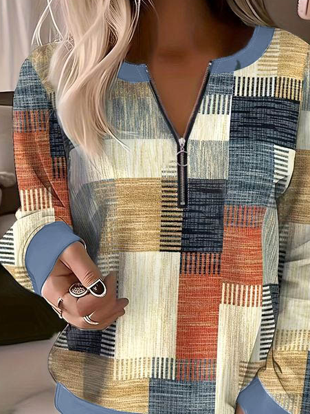 Casual Crew Neck Plaid Color Block Loose Sweatshirt