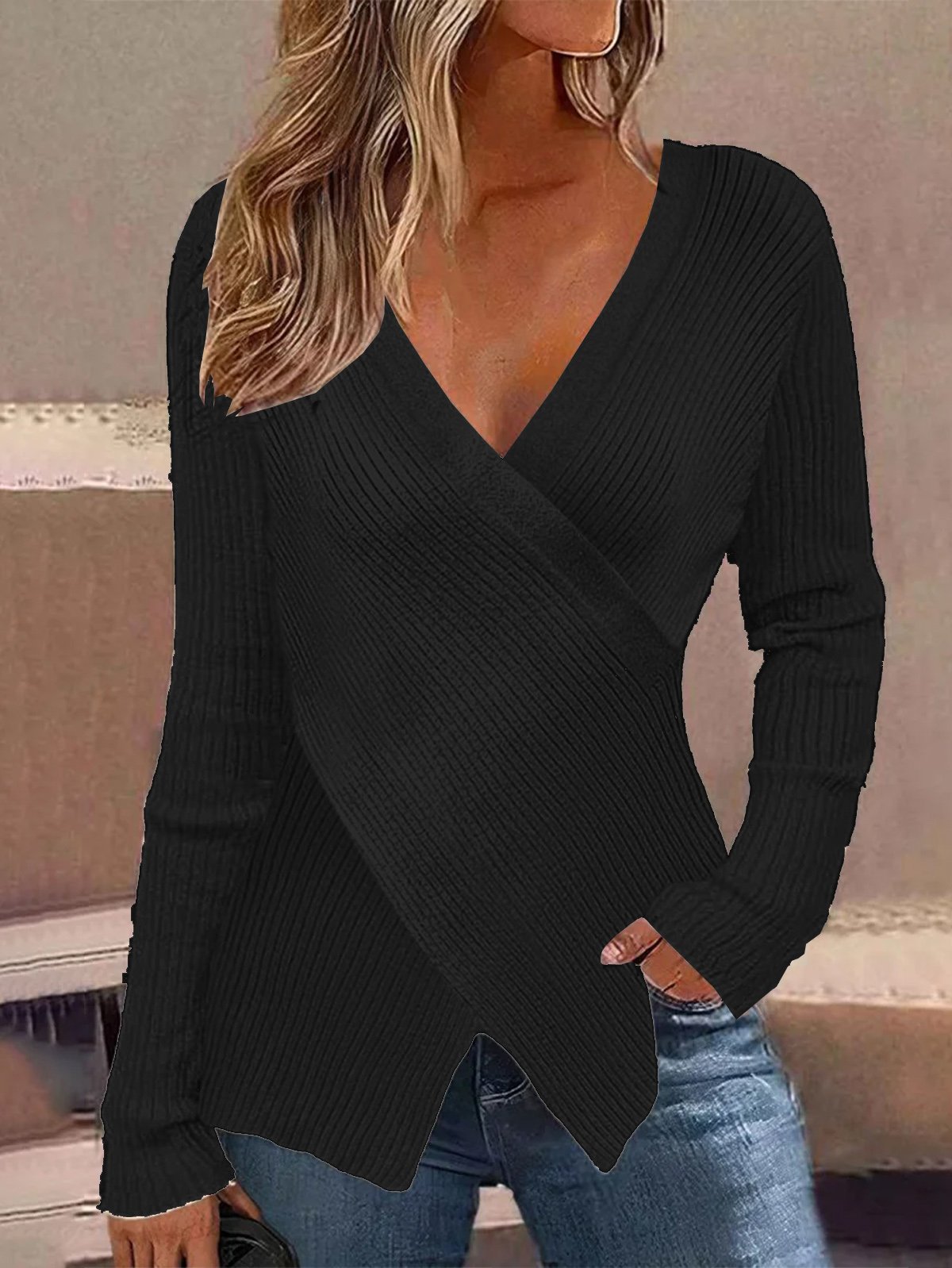 Women Yarn/Wool Yarn Plain Long Sleeve Comfy Casual Cross Sweater