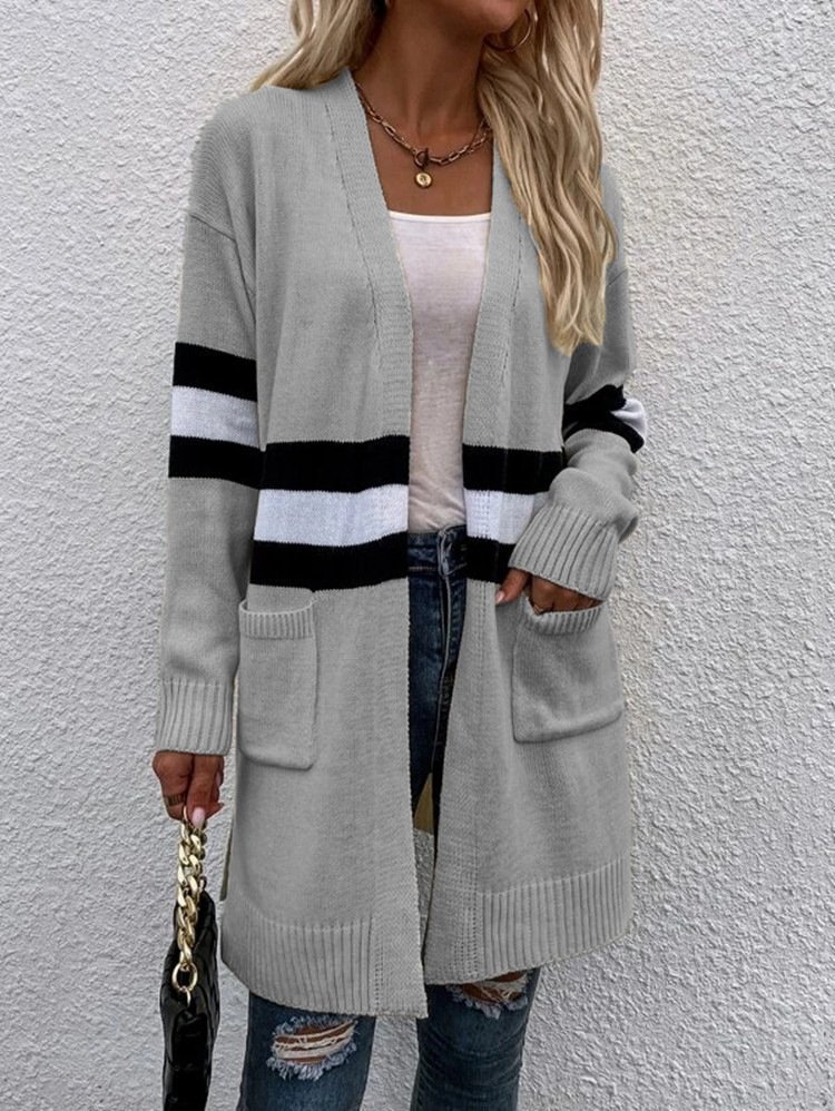 Women Wool/Knitting Striped Long Sleeve Comfy Casual Cardigan