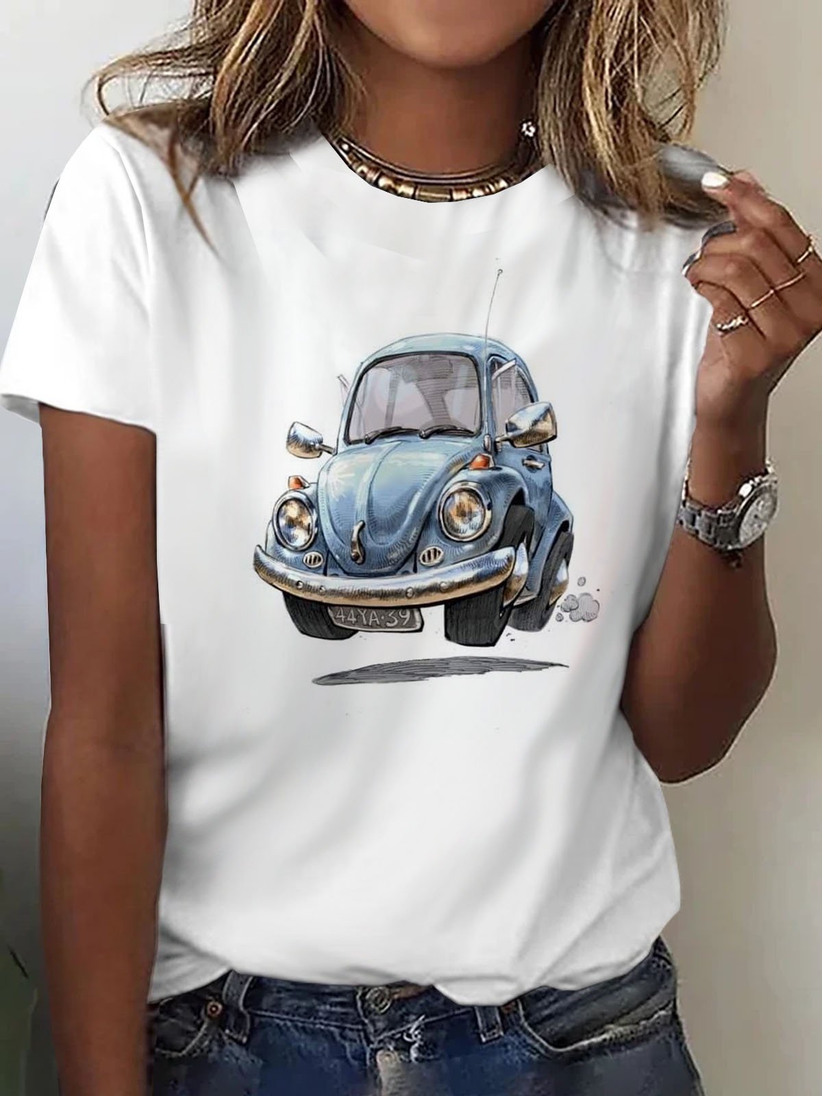 Casual Car Crew Neck Short Sleeve T-shirt