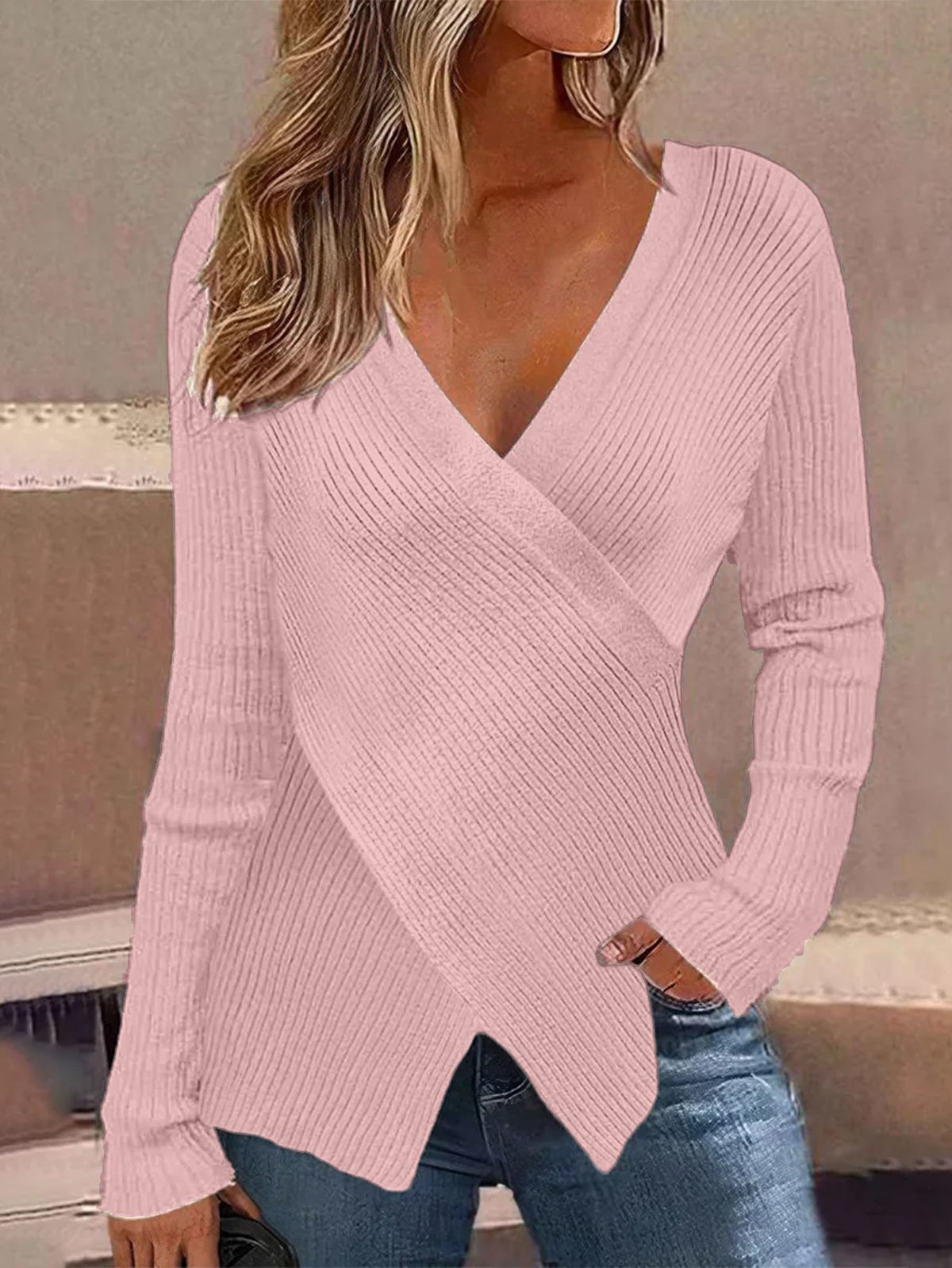 Women Yarn/Wool Yarn Plain Long Sleeve Comfy Casual Cross Sweater