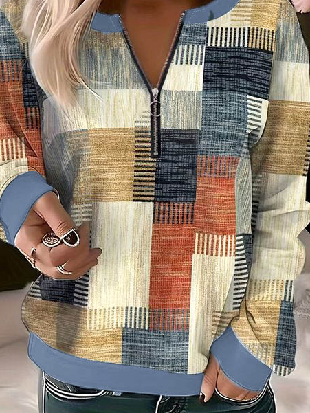 Casual Crew Neck Plaid Color Block Loose Sweatshirt