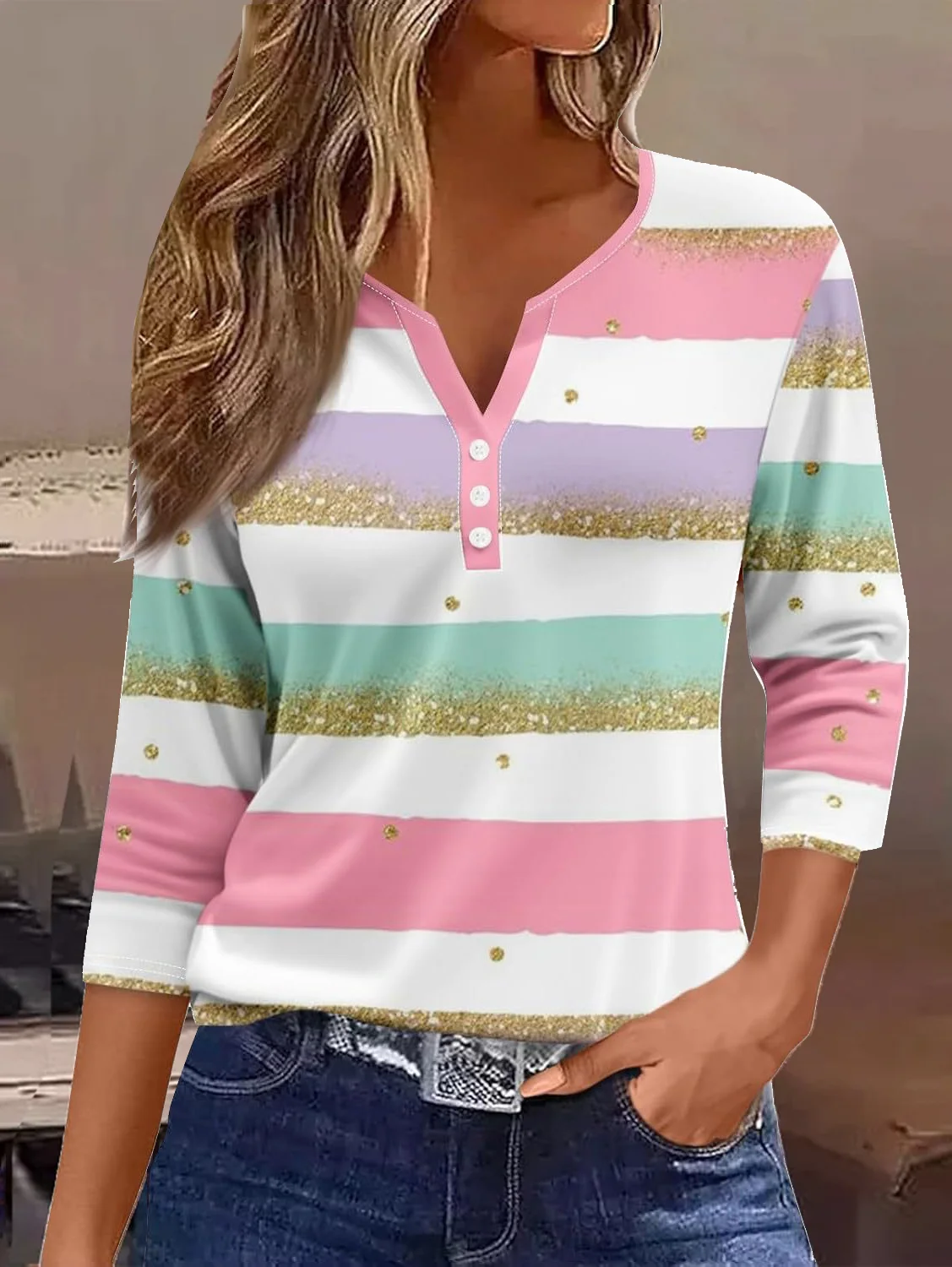 Casual Striped Notched Three Quarter Sleeve T-shirt