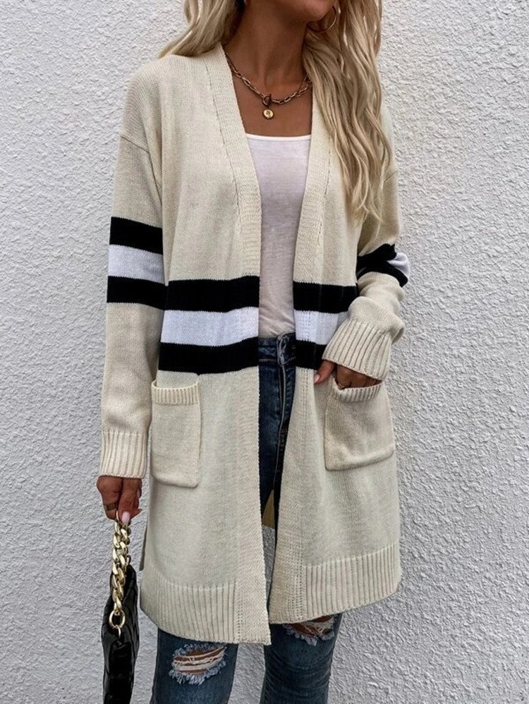 Women Wool/Knitting Striped Long Sleeve Comfy Casual Cardigan