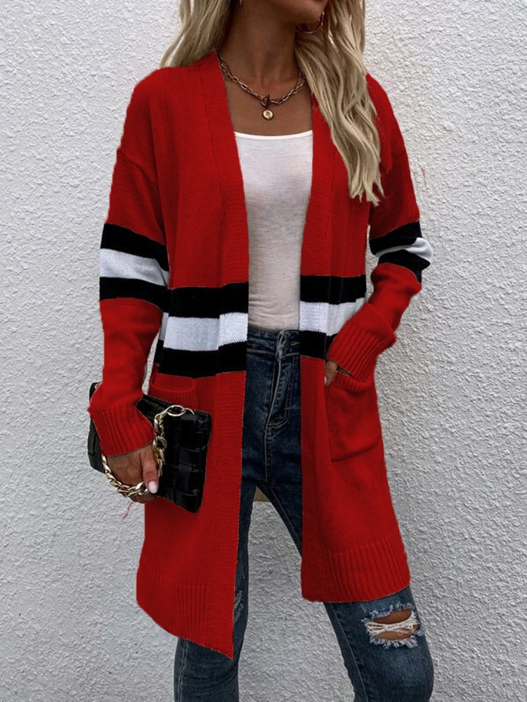 Women Wool/Knitting Striped Long Sleeve Comfy Casual Cardigan