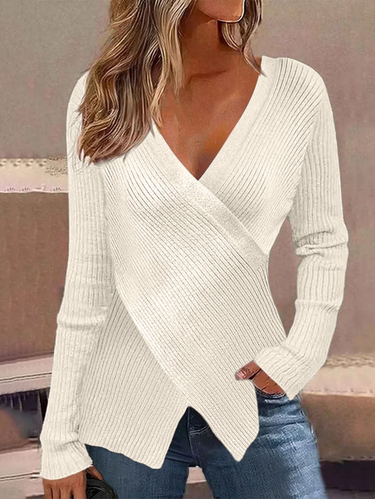 Women Yarn/Wool Yarn Plain Long Sleeve Comfy Casual Cross Sweater