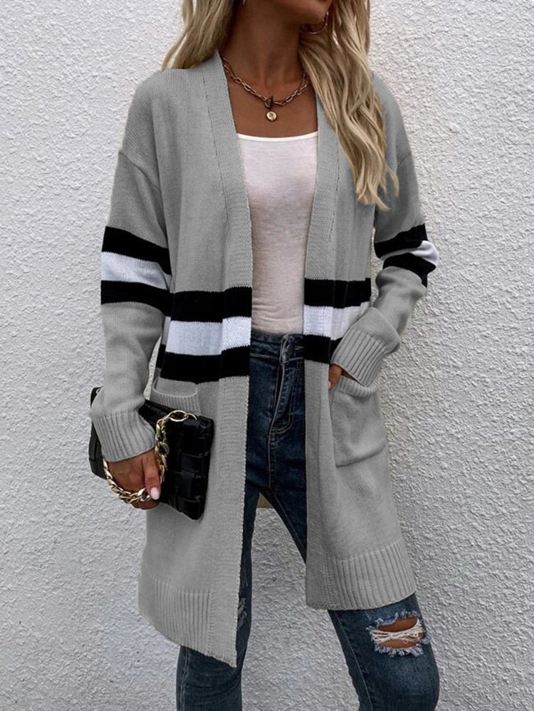 Women Wool/Knitting Striped Long Sleeve Comfy Casual Cardigan