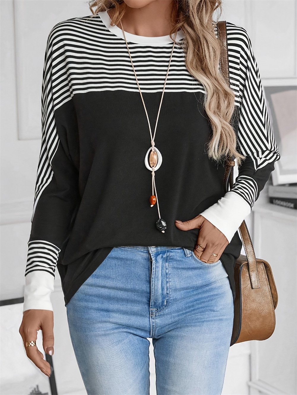 Crew Neck Long Sleeve Striped Regular Micro-Elasticity Loose Blouse For Women