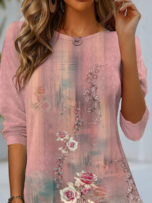 Casual Floral Crew Neck Long Sleeve T-shirt