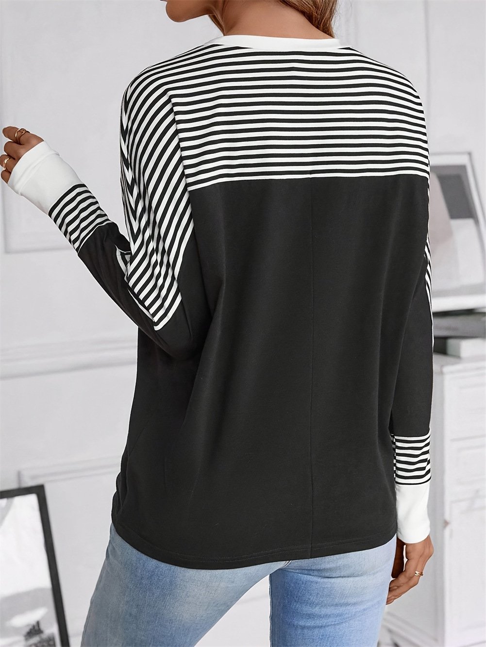 Crew Neck Long Sleeve Striped Regular Micro-Elasticity Loose Blouse For Women