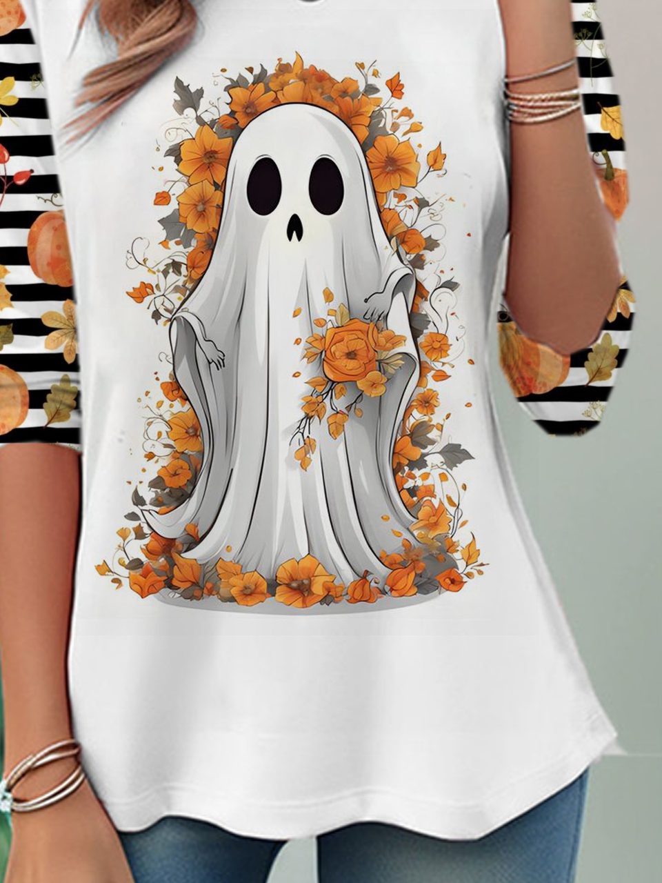 Halloween Cute Ghost Casual Striped Crew Neck Long Sleeve T-shirt