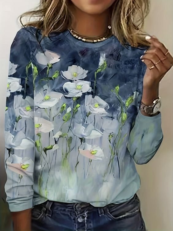 Casual Floral Crew Neck Long Sleeve T-shirt