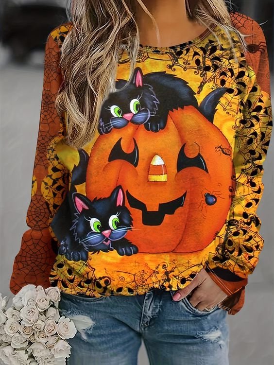 Casual Crew Neck Halloween Sweatshirt