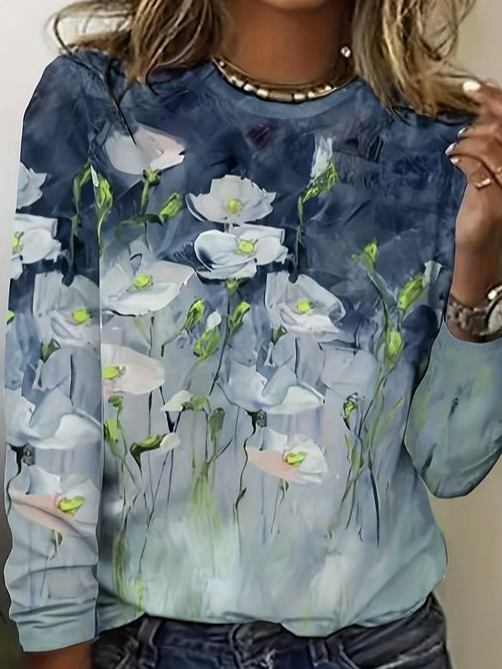 Casual Floral Crew Neck Long Sleeve T-shirt