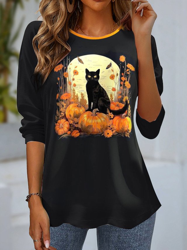 Casual Cat Crew Neck Long Sleeve T-shirt