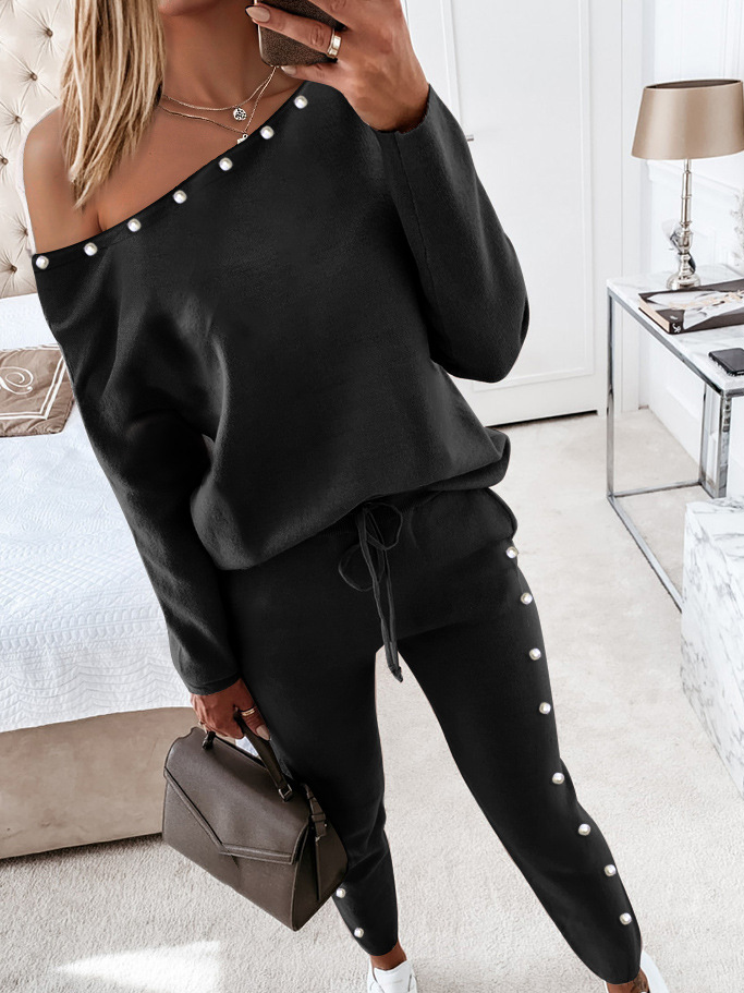 Women Abstract Crew Neck Long Sleeve Comfy Casual Top With Pants Two-Piece Set