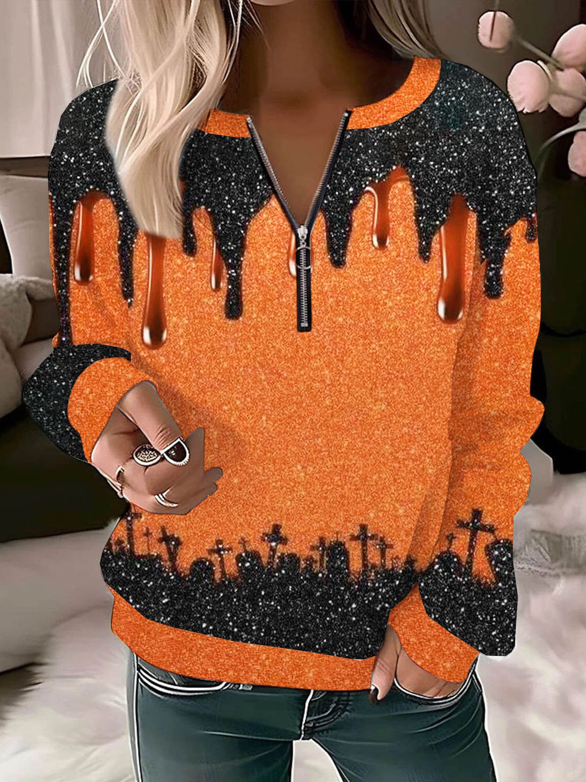 Casual Crew Neck Halloween Sweatshirt Zipper