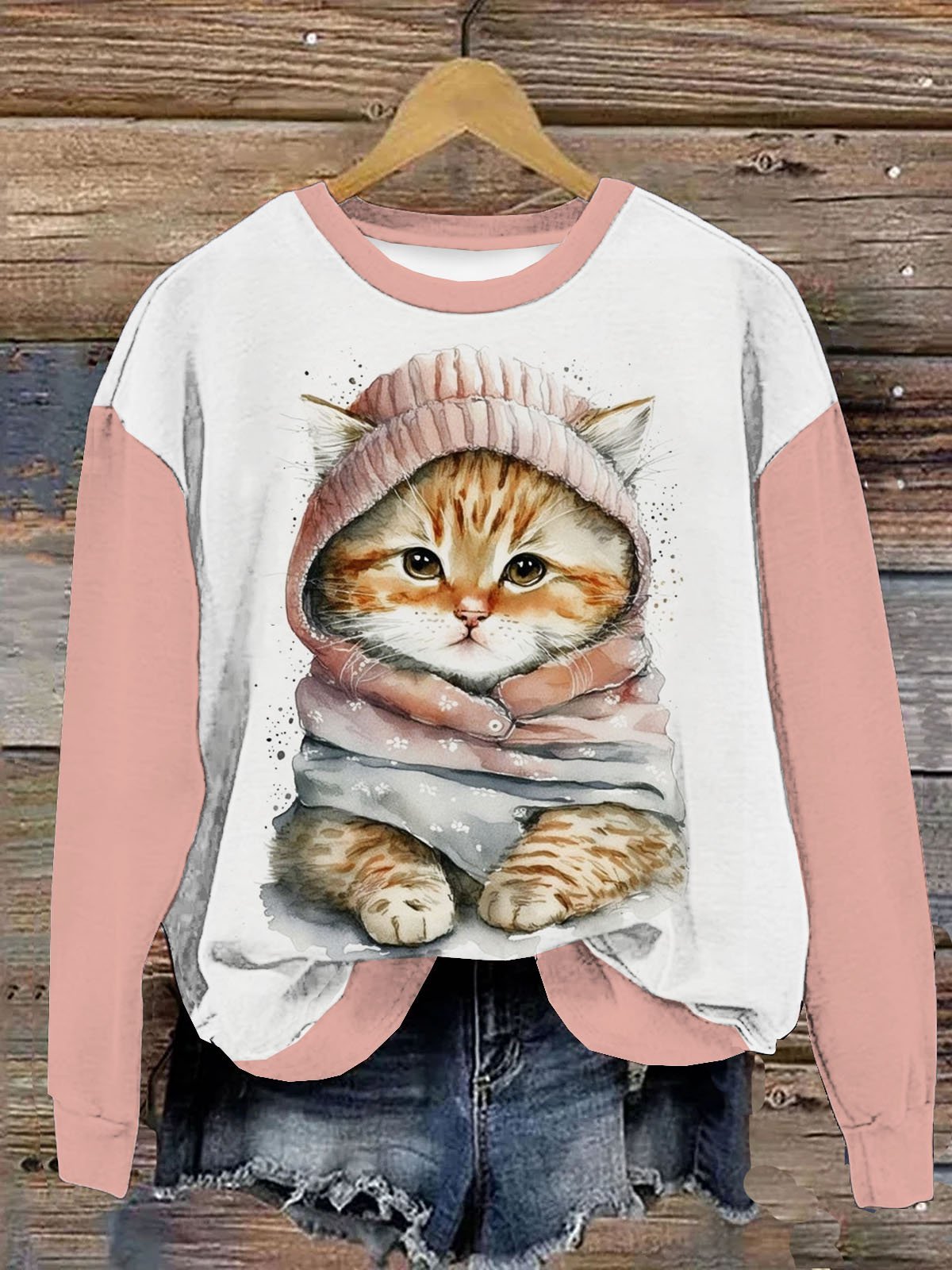 Casual Crew Neck Cat Sweatshirt