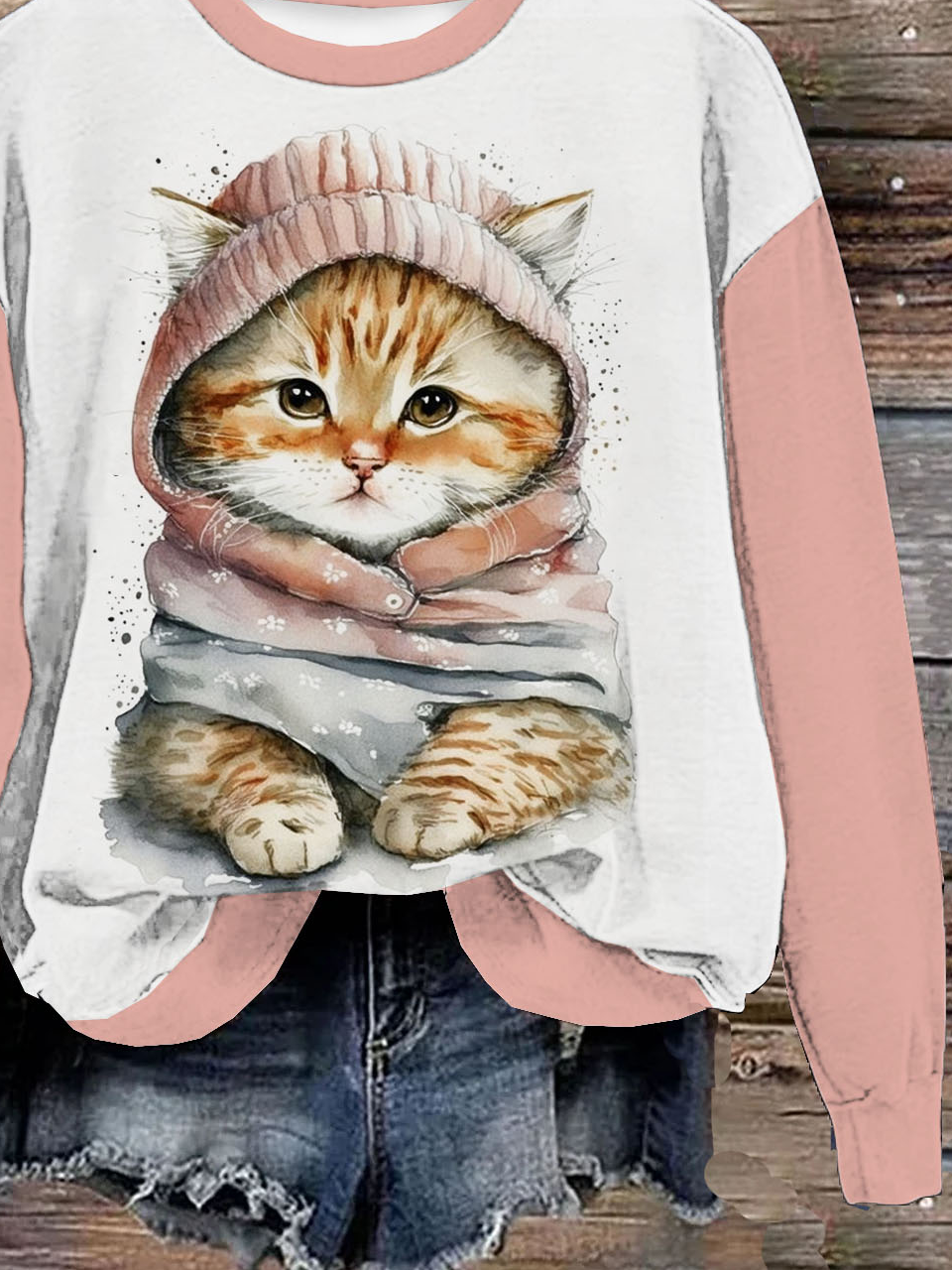 Casual Crew Neck Cat Sweatshirt