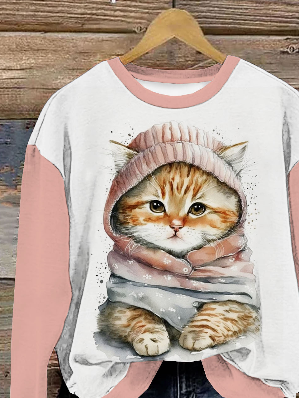 Casual Crew Neck Cat Sweatshirt