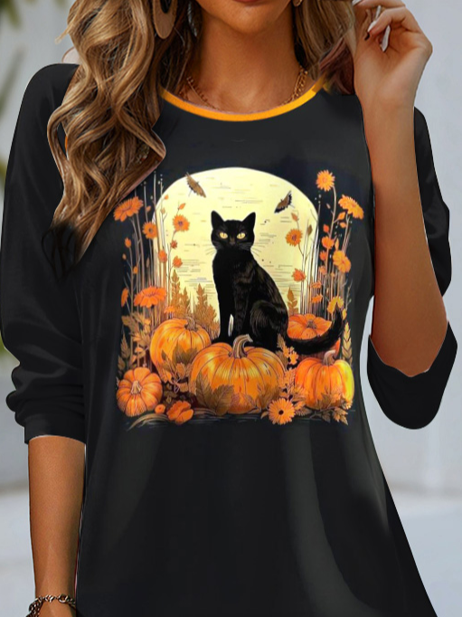 Casual Cat Crew Neck Long Sleeve T-shirt