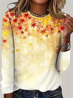 Casual Maple Leaf Crew Neck Long Sleeve T-shirt