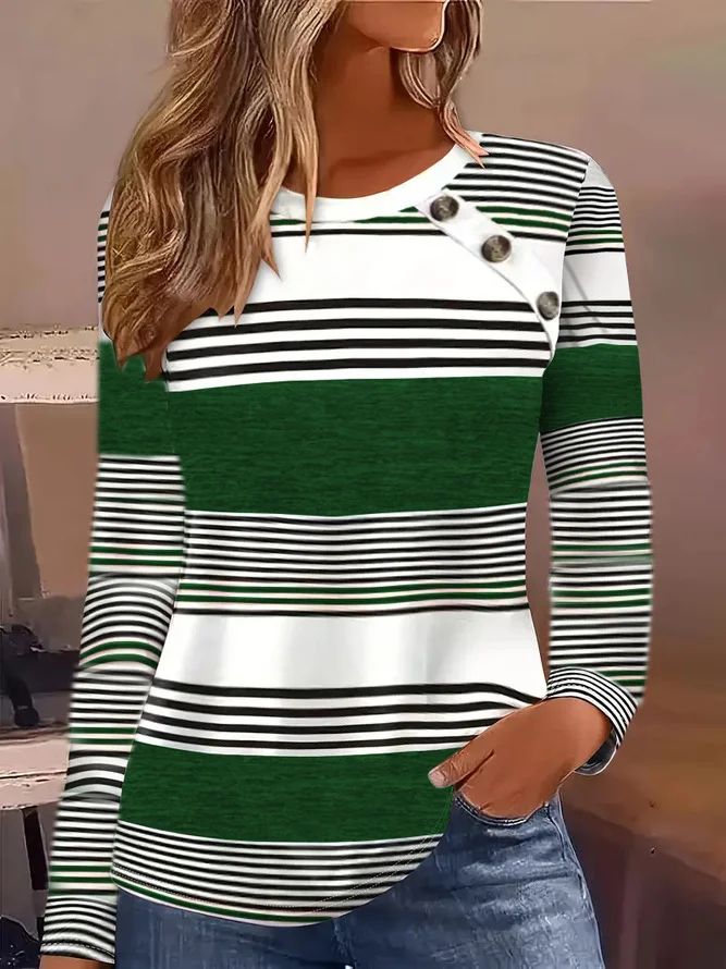 Casual Striped Crew Neck Long Sleeve T-shirt