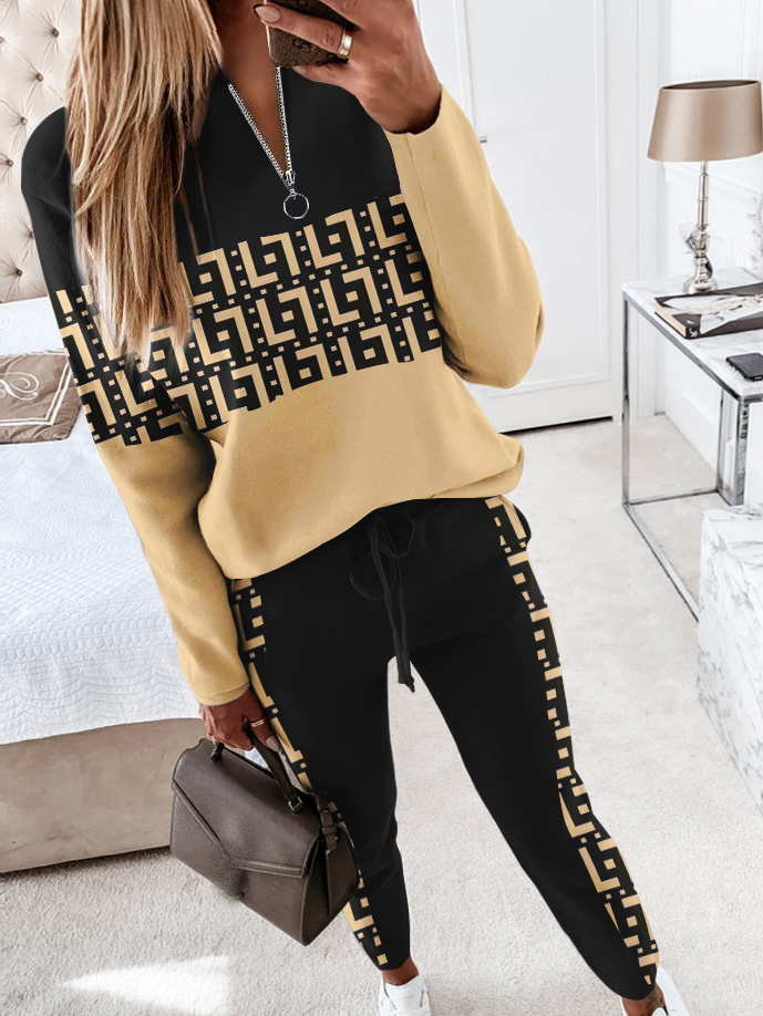 Women Abstract Crew Neck Long Sleeve Comfy Casual Top With Pants Two-Piece Set