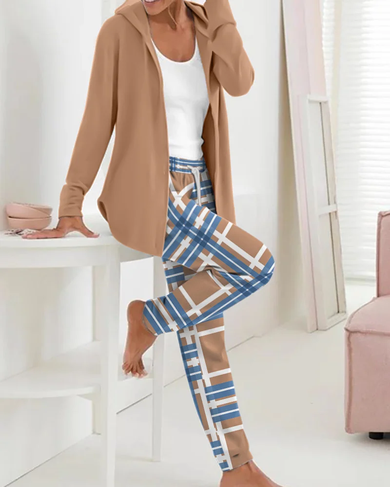 Women Abstract Crew Neck Long Sleeve Comfy Casual Top With Pants Two-Piece Set