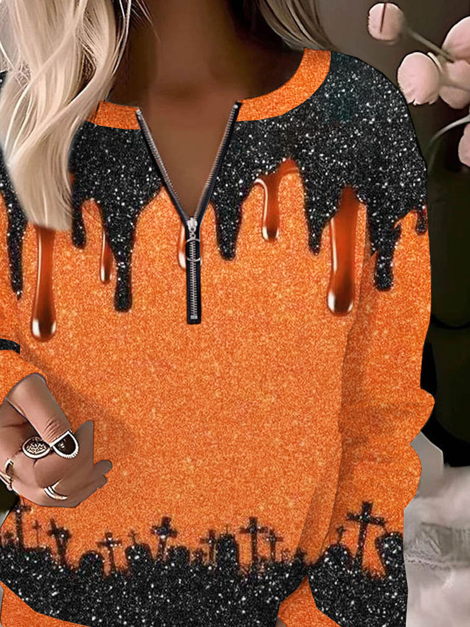 Casual Crew Neck Halloween Sweatshirt Zipper