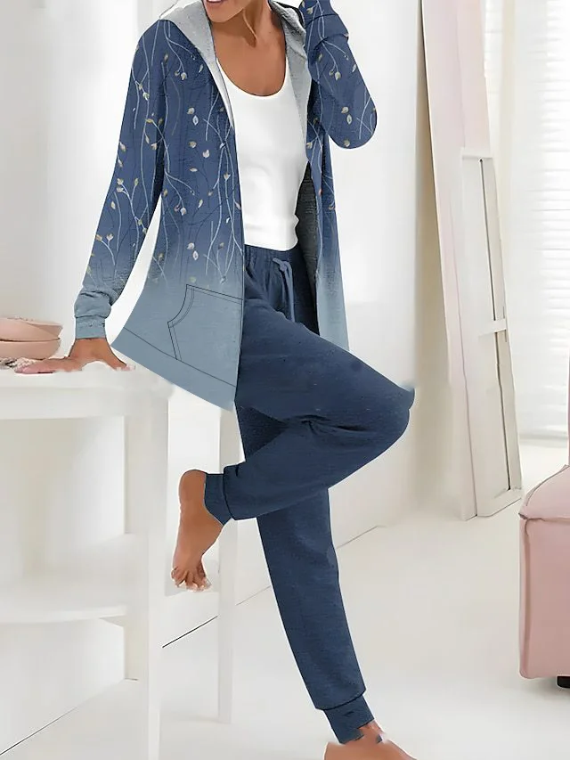 Women Geometric Hoodie Long Sleeve Comfy Casual Jacket and pants Two-Piece Set