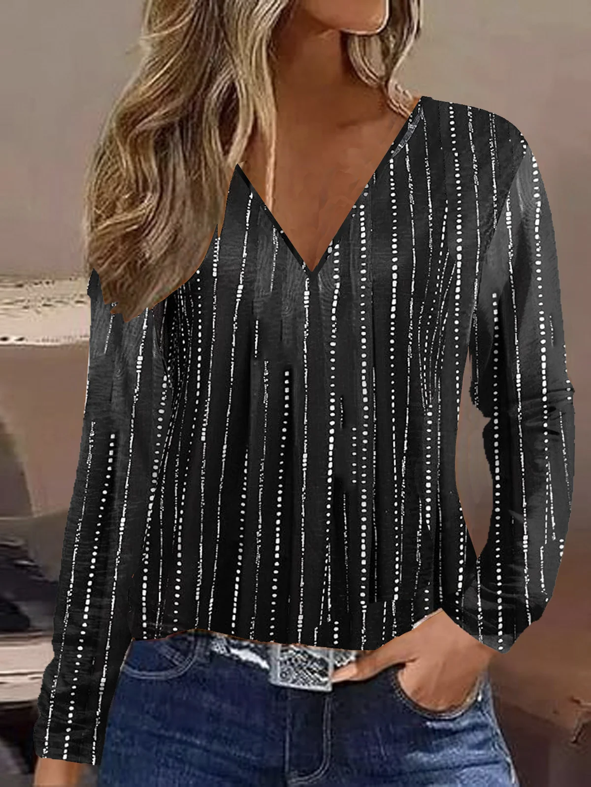 Casual Striped V Neck Long Sleeve T-shirt