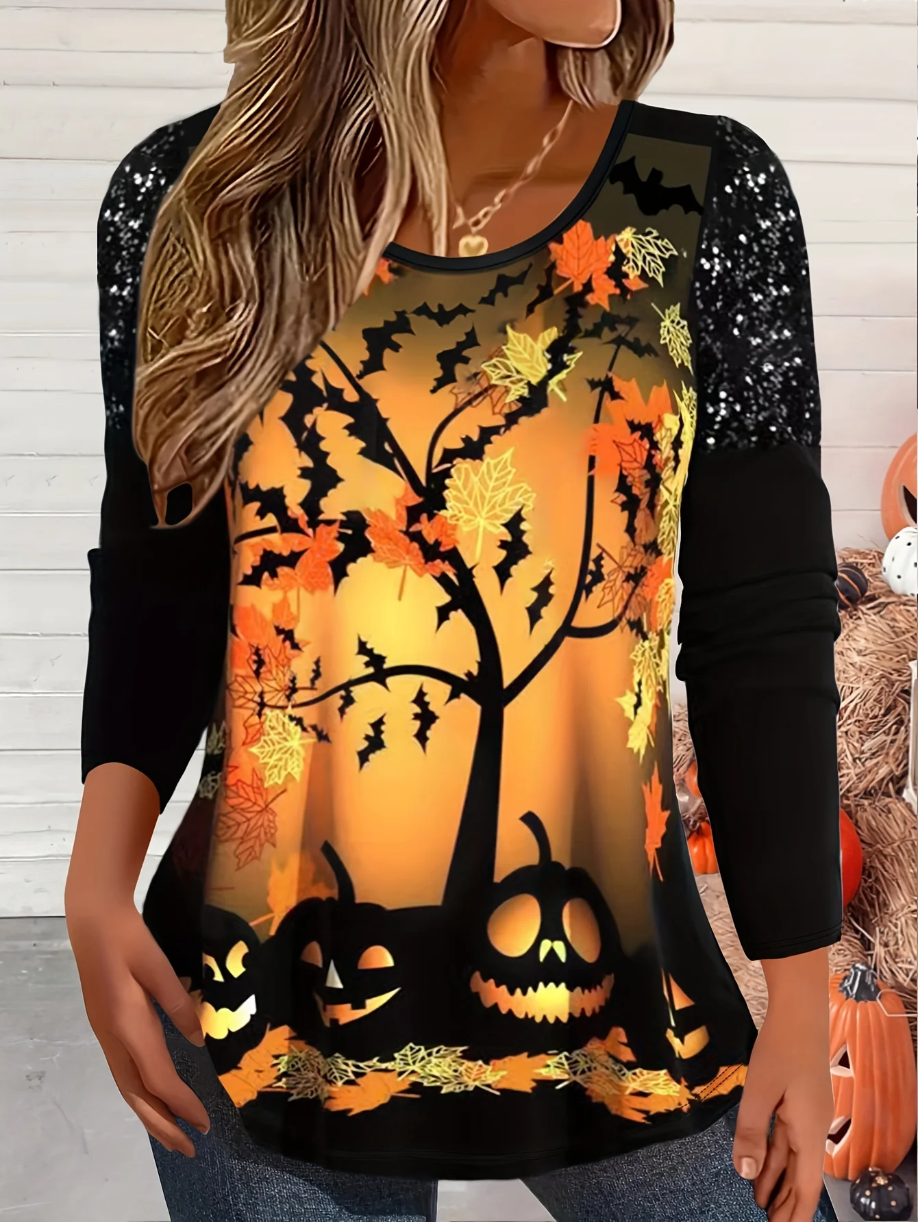 Casual Halloween Crew Neck Long Sleeve T-shirt