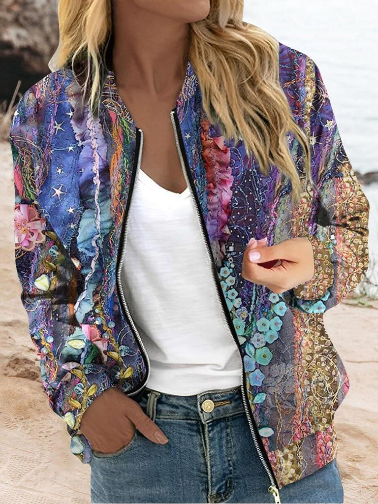 Women's Abstract Zipper Regular Loose Jacket