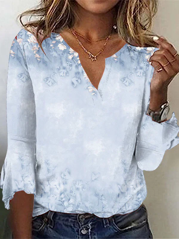 Casual Floral Notched Three Quarter Sleeve T-shirt